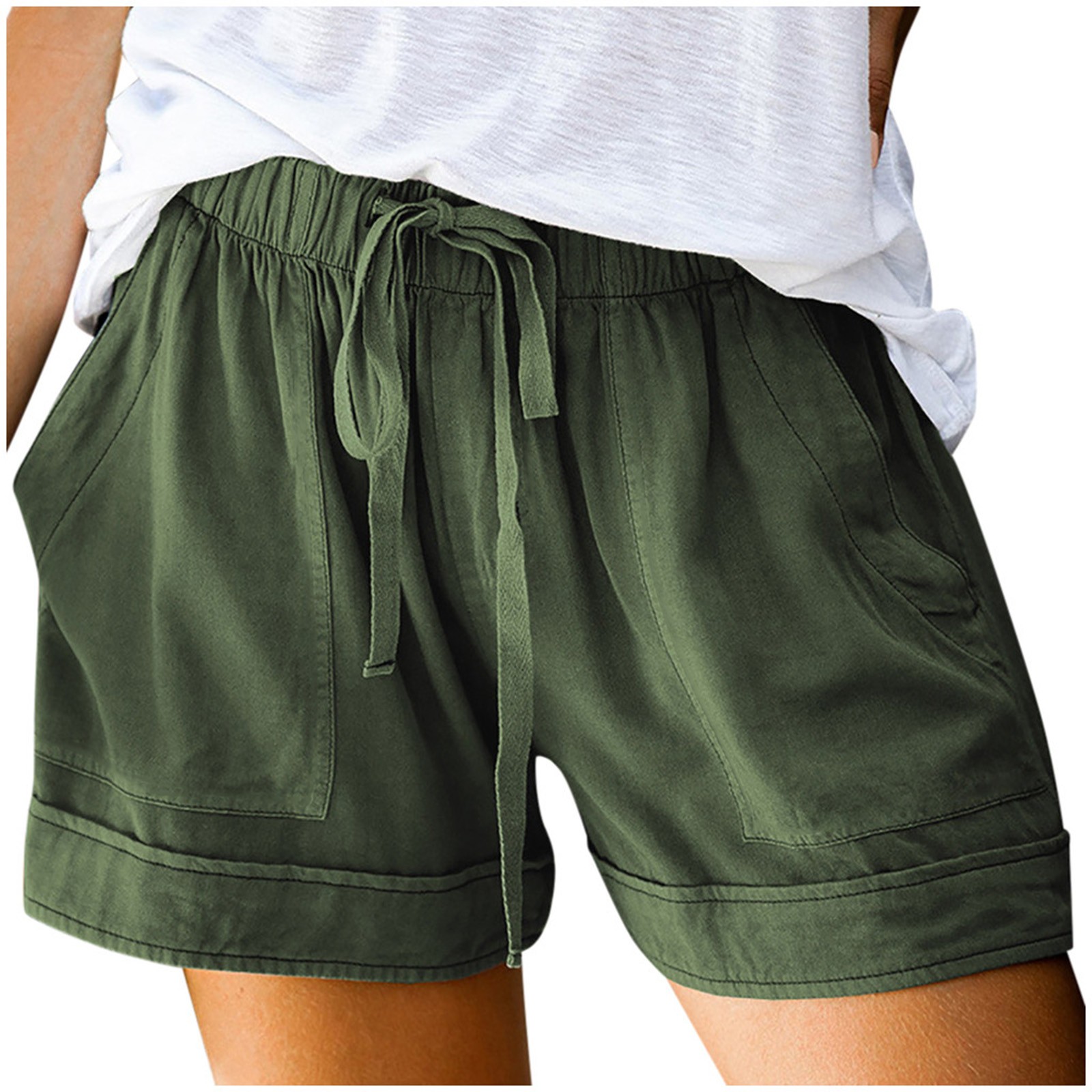 thumbnail image 4 of Pantalones cortos cómodos con cordón y cintura elástica para mujer - Pantalones holgados de color liso con bolsillos - Ropa informal de verano de poliéster, 4 of 8